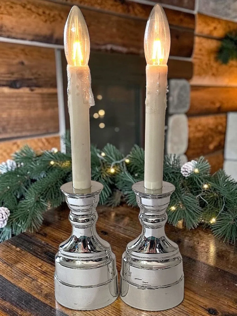2 Vintage Bethlehem Lights Candles Battery Operated Taper Timer Silver Tone